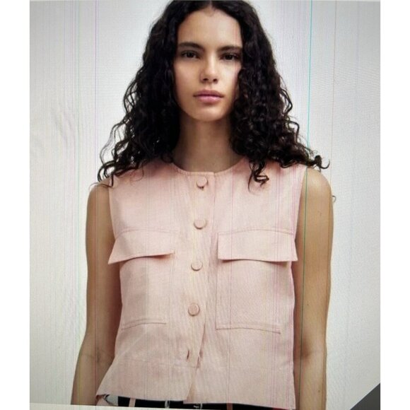 Madewell Crop Cargo Pocket Crewneck Top Womens Pale Blush Button Up Boxy Sz XL - Picture 1 of 11